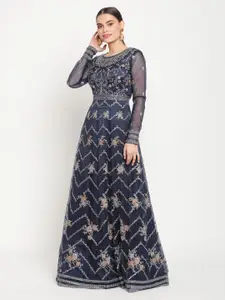Stylee LIFESTYLE Navy Blue & Silver-Toned Embroidered Semi-Stitched Dress Material