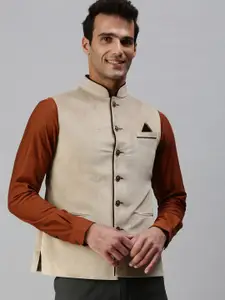 SHOWOFF Men Taupe Solid Woven Cotton Blend Nehru Jackets