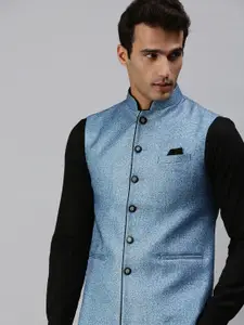 SHOWOFF Men Blue Printed Woven Nehru Jacket