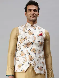 SHOWOFF Men White & Beige Floral Printed Woven Silk Blend Nehru Jackets
