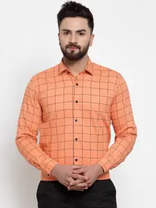 JAINISH Men Orange Windowpane Checks Checked Classic Cotton Formal Shirt