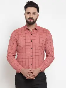 JAINISH Men Peach-Coloured Classic Windowpane Checked Cotton Formal Shirt
