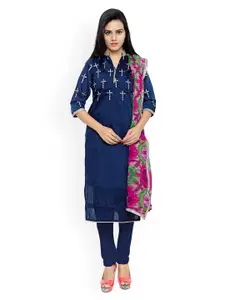Saree mall Navy & Pink Embroidered Chanderi Cotton Unstitched Dress Material