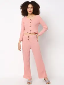 JerfSports Women Pink Ribbed Top & Trousers Set
