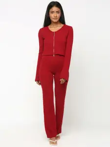 JerfSports Women Maroon Ribbed Top with Trousers