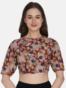 THE WEAVE TRAVELLER Women Beige & Red Kalamkari Printed Cotton Saree Blouse