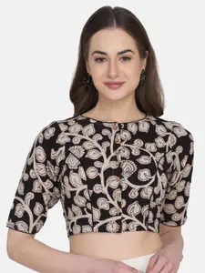 THE WEAVE TRAVELLER Women Black & Beige Kalamkari Block Printed Cotton Saree Blouse