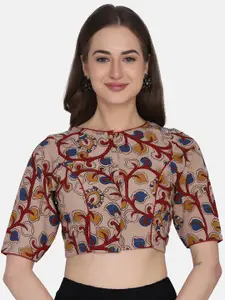 THE WEAVE TRAVELLER Beige & Red Kalamkari Block Printed Cotton Saree Blouse
