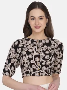THE WEAVE TRAVELLER Black & Beige Kalamkari Printed Cotton Saree Blouse