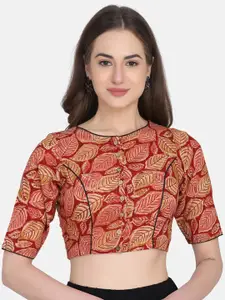 THE WEAVE TRAVELLER Red Kalamkari Printed Cotton Non-Padded Readymade Saree Blouse