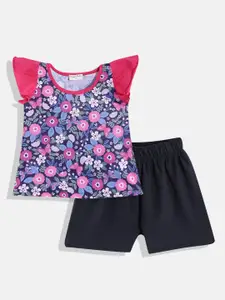 CrayonFlakes Girls Blue & Pink Printed Top with Shorts