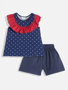 CrayonFlakes Girls Navy Blue & Red Printed Top with Shorts