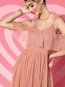 SASSAFRAS Pink Layered Net Maxi Dress