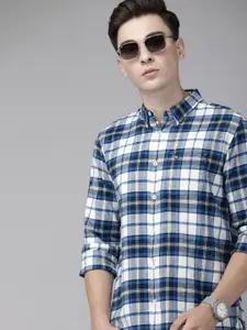 THE BEAR HOUSE Men Blue & White Slim Fit Tartan Checks Checked Pure Cotton Casual Shirt