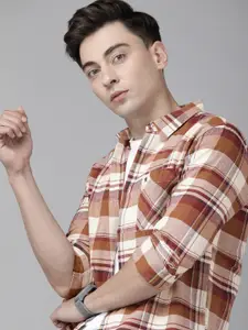 THE BEAR HOUSE Men Rust Orange & White Slim Fit Checked Pure Cotton Casual Shirt