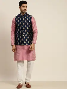 SOJANYA Men Pink Kurta with Churidar & Nehru Jacket