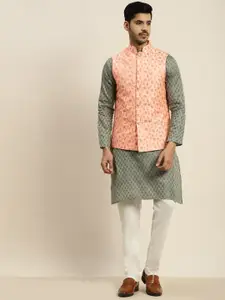 SOJANYA Men Teal Green & Off-White Woven Design Kurta with Churidar & Nehru Jacket