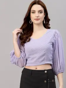 NEUDIS Women Lavender Self Design Chiffon Puff Sleeves Blouson Crop Top