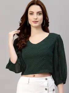 NEUDIS Women Green Self Design Chiffon Puff Sleeves Crop Top