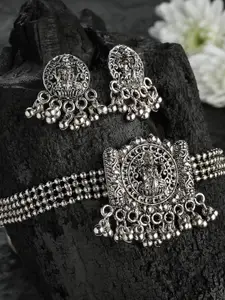 PANASH Silver-Toned Oxidized Choker Necklace with Earrings