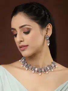 PANASH Oxidized Silver-Toned Pink Peacock Shaped Pearl Choker Necklace with Earrings