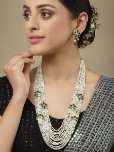 PANASH Gold-Plated White & Green Beaded Layered Necklace with Earrings
