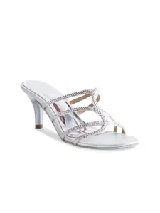 ERIDANI Women Silver-Toned Embellished Slim Sandals