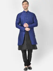 SG RAJASAHAB Men Black & Blue Woven design Layered Raw Silk Kurta with Churidar