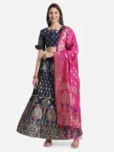 Mitera Navy Blue & Magenta Woven Semi-Stitched Lehenga & Unstitched Choli With Dupatta