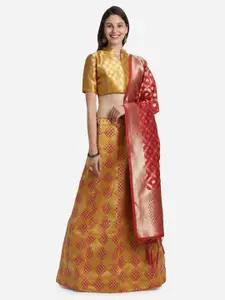 Mitera Mustard & Red Woven Design Semi-Stitched Lehenga & Unstitched Choli With Dupatta