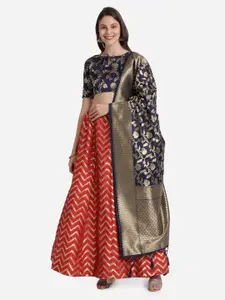 Mitera Red & Navy Blue Semi-Stitched Lehenga & Unstitched Blouse With Dupatta
