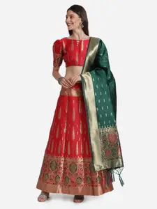 Mitera Red & Green Woven Design Semi-Stitched Lehenga & Unstitched Choli With Dupatta