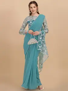 Sangria Blue & White Floral Embroidered Heavy Work Saree
