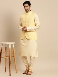 KISAH Men Beige Kurta with Churidar & Nehru Jacket