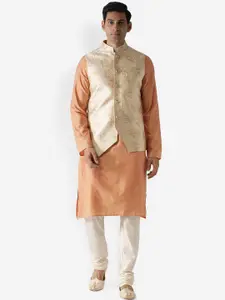 KISAH Men Peach-Coloured & Off-White Jacquard Kurta with Churidar & Nehru Jacket