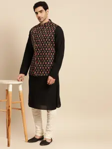 KISAH Men Ikat Printed Kurta with Churidar & Nehru Jacket
