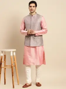 KISAH Men Pink & White Kurta & Churidar With Nehru Jacket