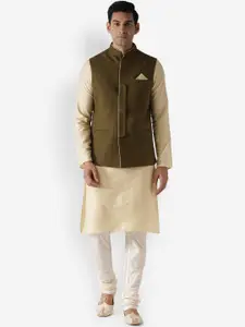 KISAH Men Olive Green Kurta with Churidar & Jacket
