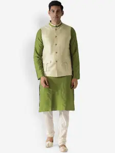 KISAH Men Gold-Toned & Green Kurta with Pyjamas & Nehru Jacket
