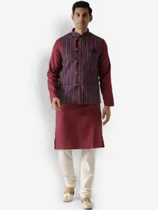 KISAH Men Red & Navy Blue Striped  Kurta with Churidar & Jacket