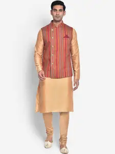 KISAH Men Beige & Maroon Kurta with Churidar & Nehru Jacket