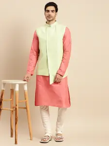 KISAH Men Peach-Coloured Kurta with Churidar & Nehru Jacket