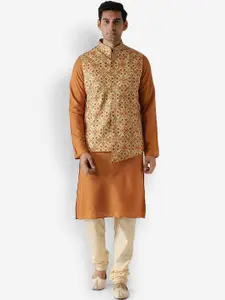 KISAH Men Cream-Coloured & Brown Kurta with Churidar & Nehru Jacket Set