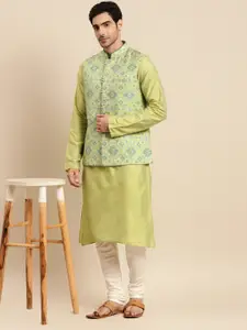 KISAH Men Yellow& White Kurta with Churidar & Nehru Jacket