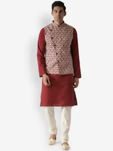 KISAH Men White & Red Floral Printed Kurta with Churidar & Jacket