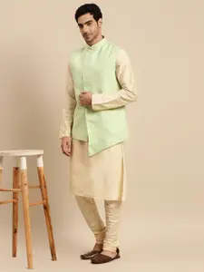 KISAH Men Beige Kurta with Churidar & Nehru Jacket