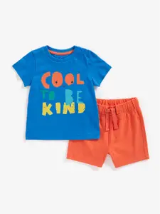 mothercare Infant Boys Blue & Coral Orange Printed Pure Cotton T-shirt with Shorts