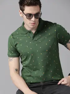 Roadster Men Olive Green & Yellow Printed Polo Collar Pure Cotton T-shirt