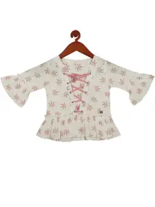 Tiny Girl Off White & Pink Floral Print Top With Lace-Up Detail