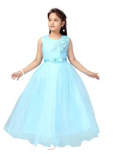 Aarika Girls Turquoise Blue Embroidered Net Maxi Gown Dress